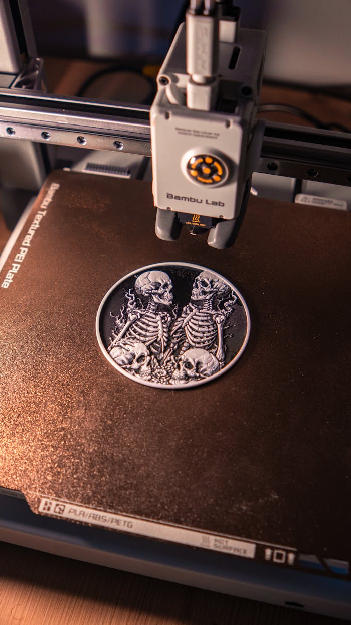 Close-up of an intricate 3D printed skeleton artwork being created on a 3D printer, showcasing digital craftsmanship.